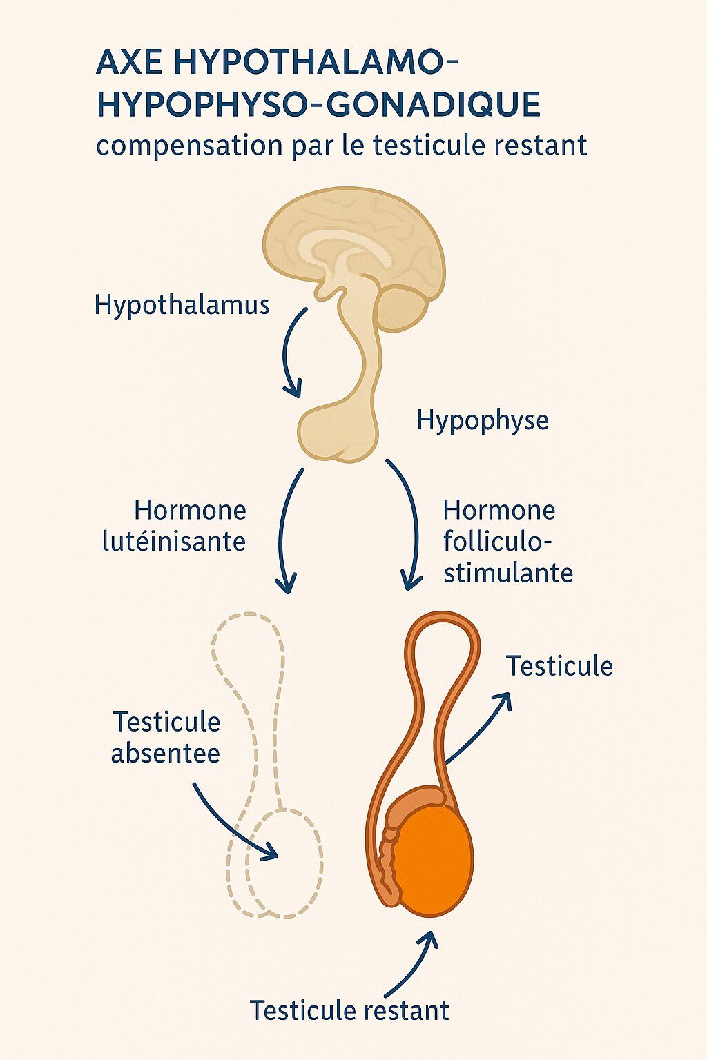 Schéma interactif montrant l’axe hypothalamo-hypophyso-gonadique avec compensation par le testicule restant