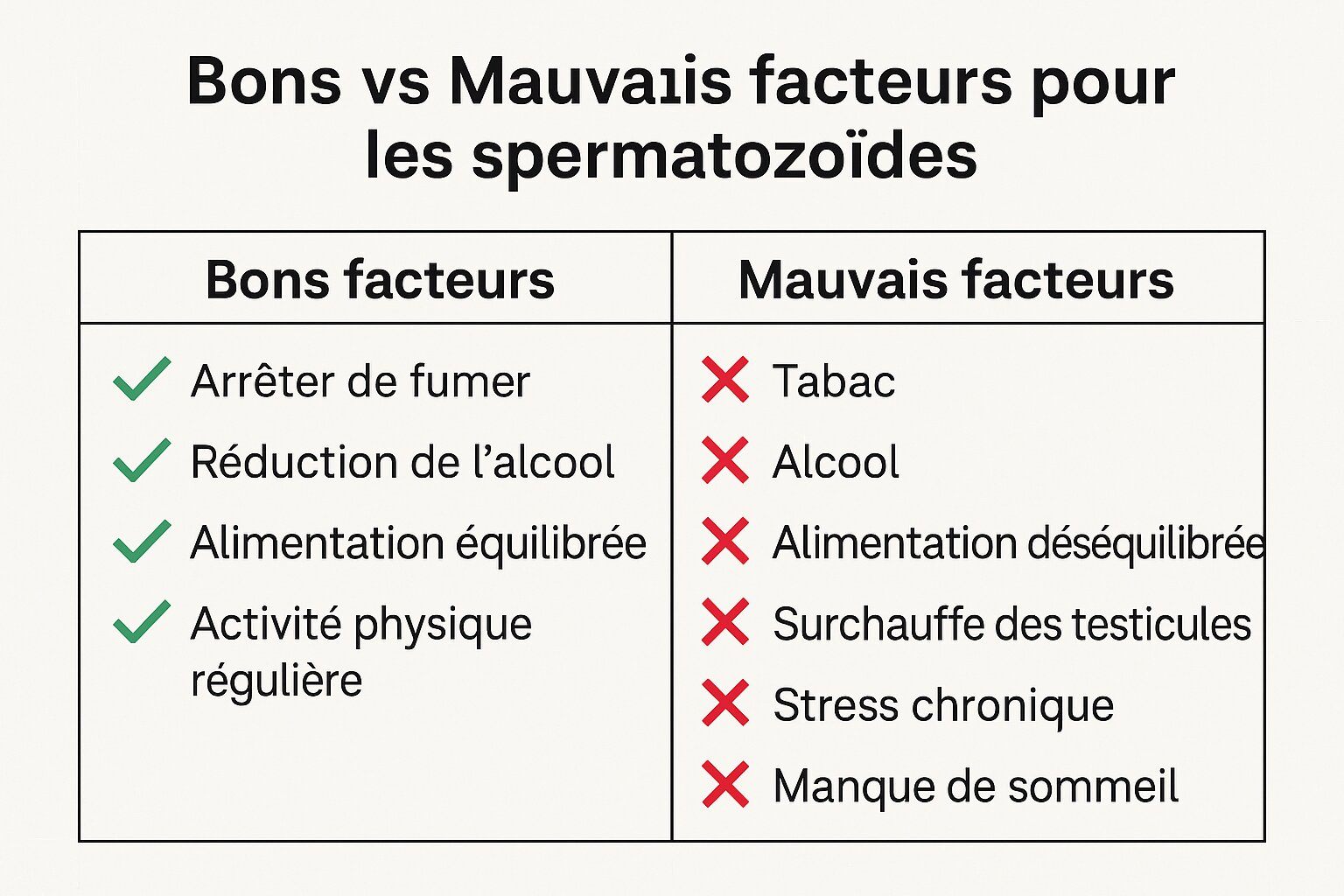 Tableau comparatif : « Bons vs Mauvais facteurs pour les spermatozoïdes »
