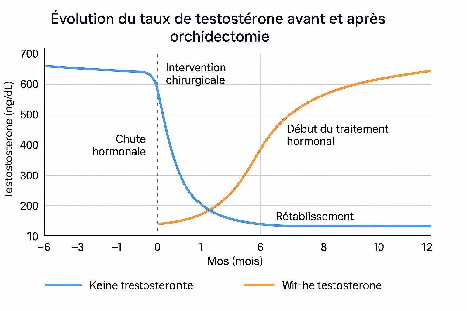 taux de testostérone avant/après orchidectomie, évolution avec traitement substitutif